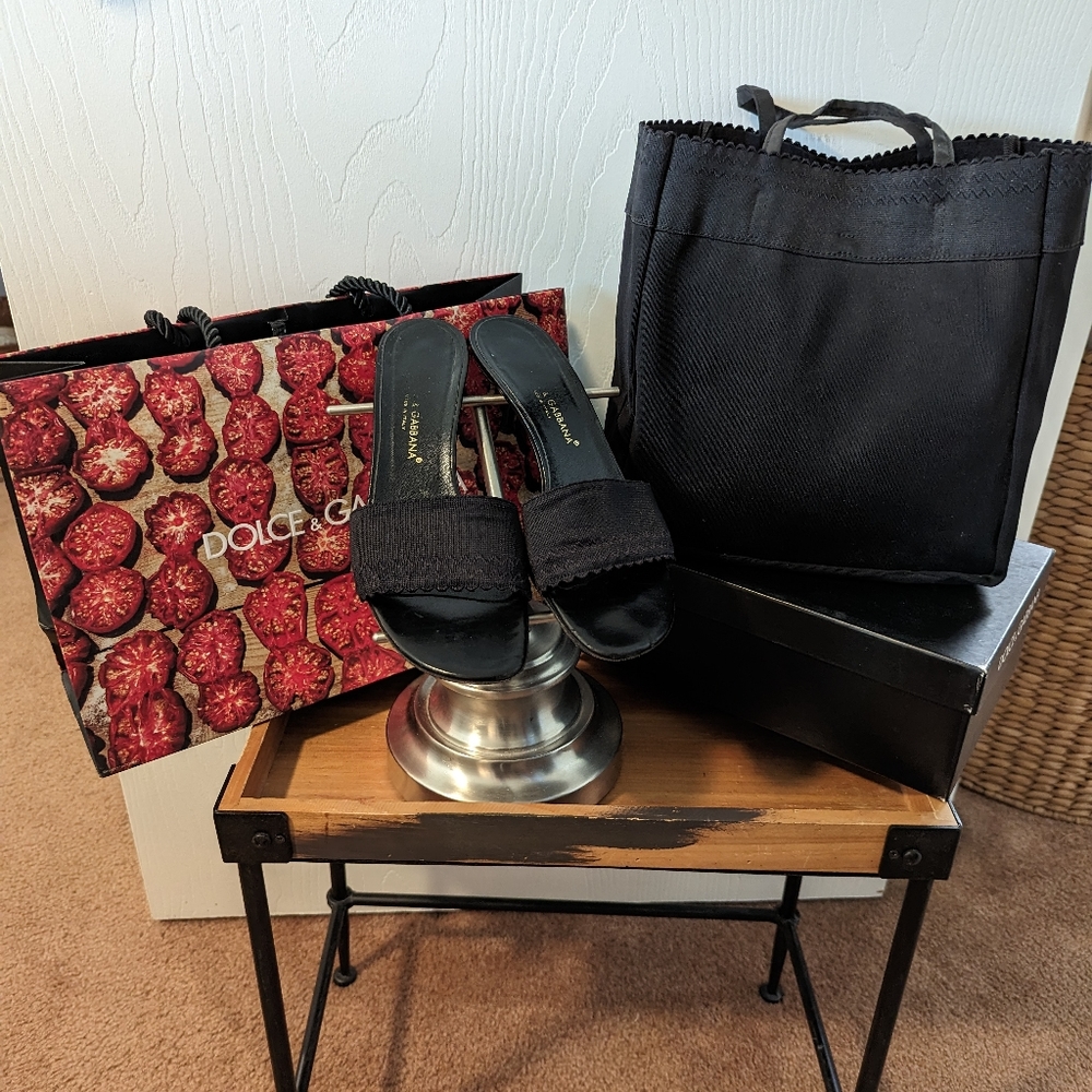Dolce & Gabbana Blk Elastico Girdle Mules & Matching Tote Style Bag